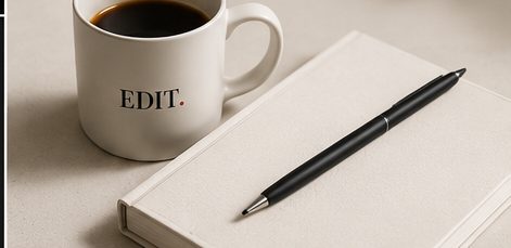 A coffee cup and notebook on a desk