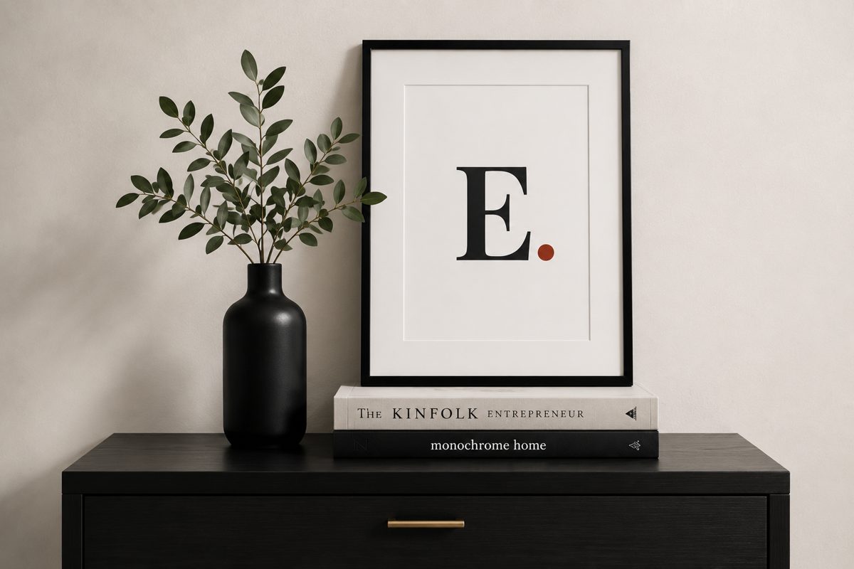 A styled shelf with a framed print and vase